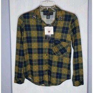 Polly & Esther Plaid Button Up Top Sz XS Jewels Soft Stretch Classic Comfy Cozy